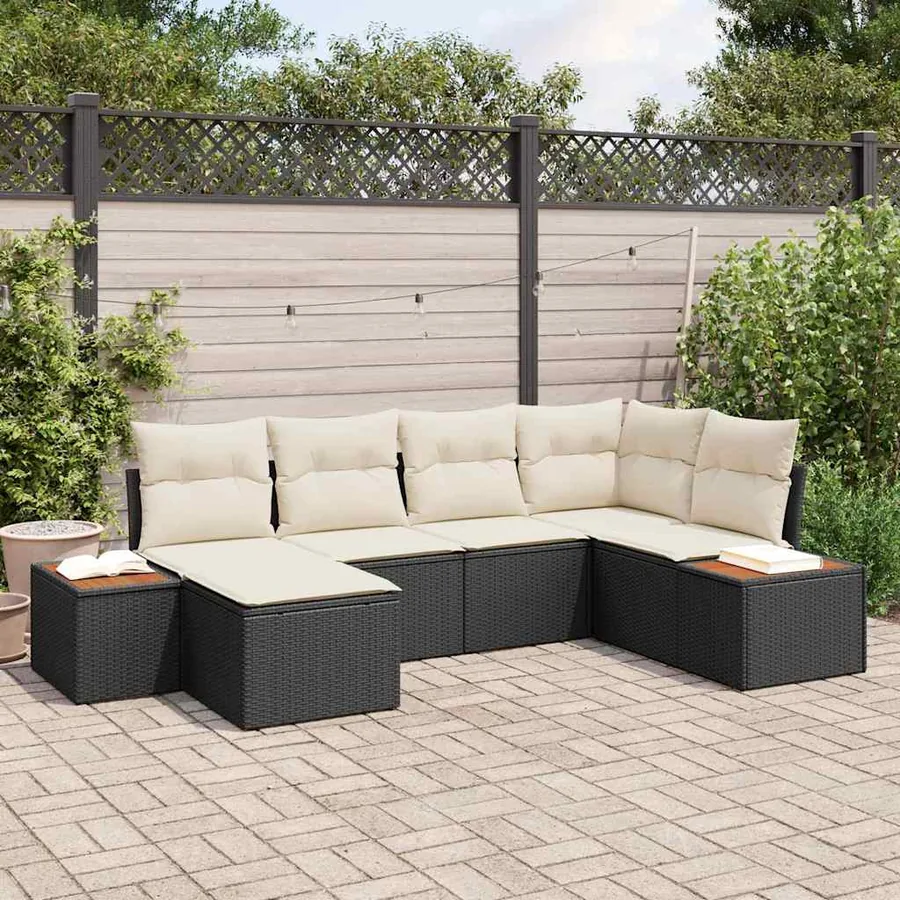 Ensemble de canapé de jardin 7 pcs Noir et Crème Polyrotin