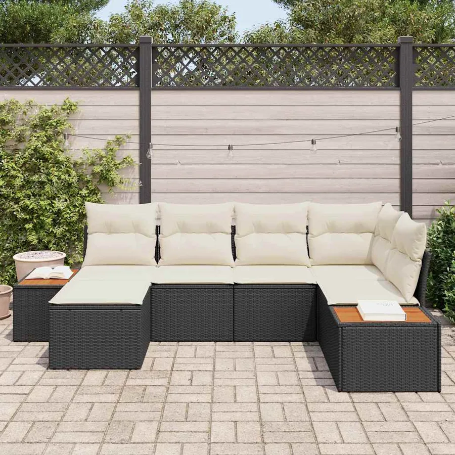 Ensemble de canapé de jardin 7 pcs Noir et Crème Polyrotin - 3