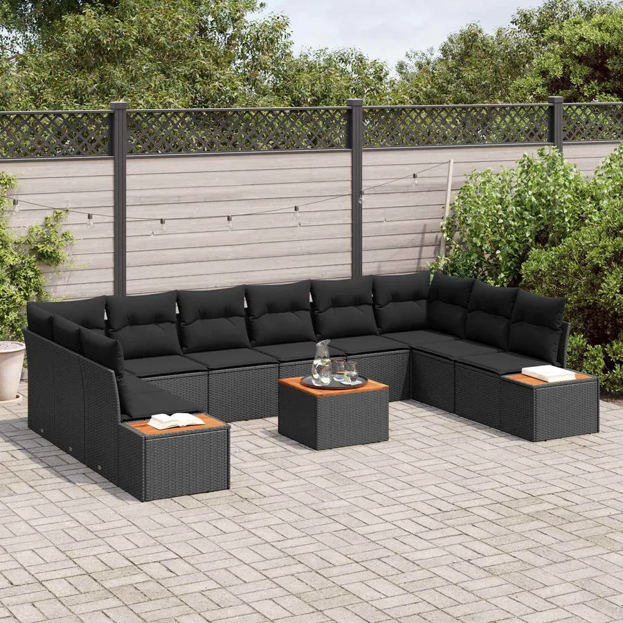 Ensemble de canapé de jardin avec coussin 10 pcs Noir Polyrotin - 3