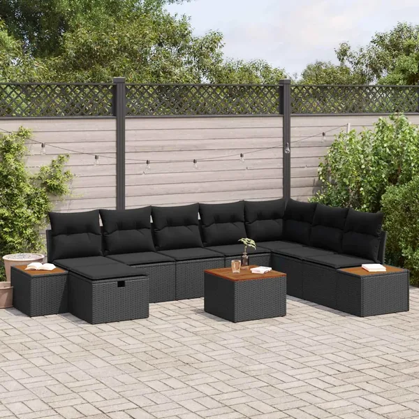 Ensemble de canapé de jardin 9 pcs Noir Poly rotin