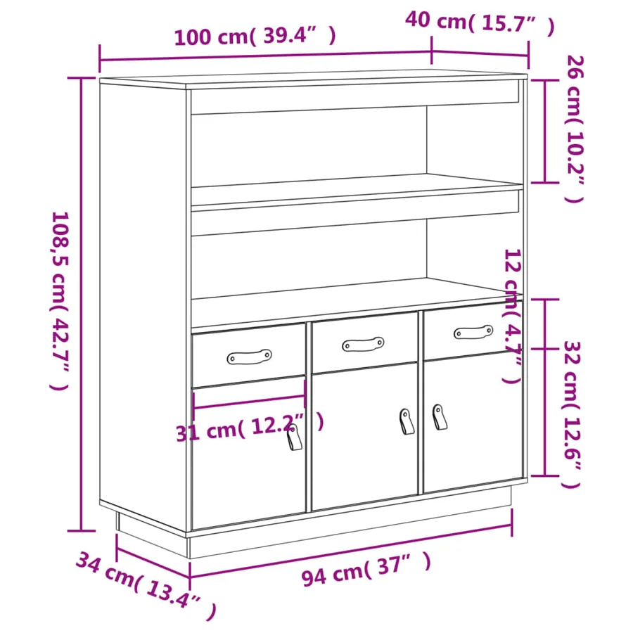 Buffet haut Marron miel 100x40x108,5 cm Bois massif de pin - 12