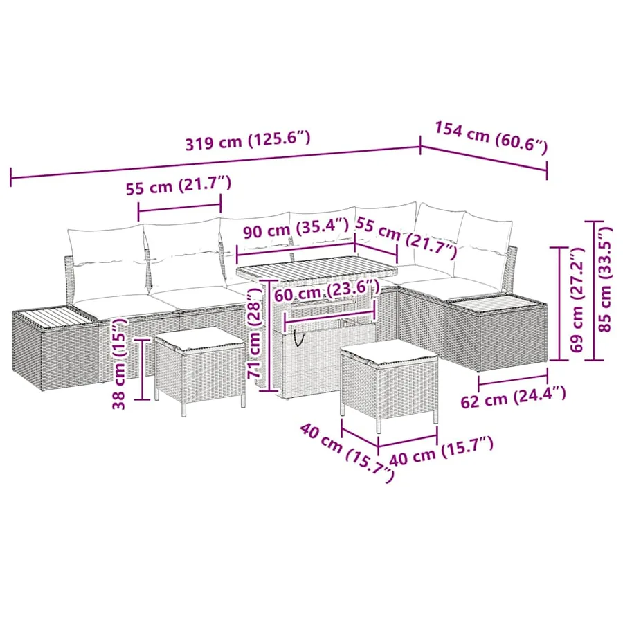 Ensemble de canapé de jardin 9 pcs Beige Poly rotin - 18