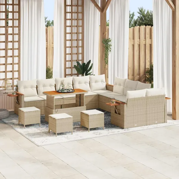 Ensemble de canapé de jardin 14 pcs Beige polyrotin