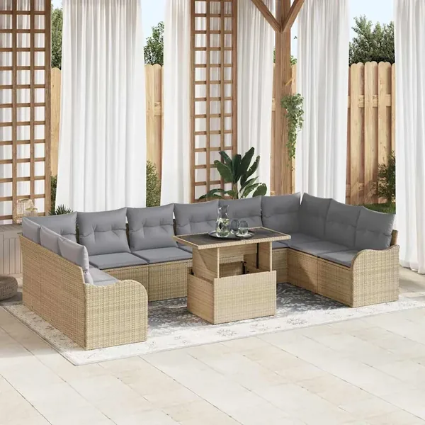 Ensemble de canapé de jardin 11 pcs Beige Poly Rattan
