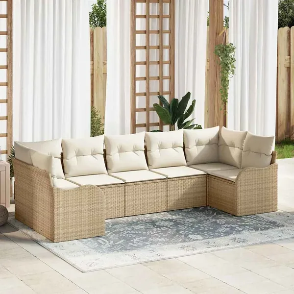 Ensemble de canapé de jardin 7 pcs Beige et blanc Poly rotin