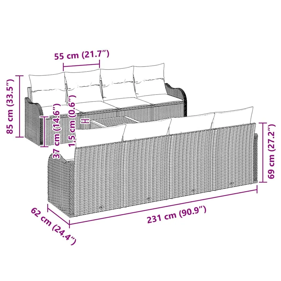 Ensemble de canapé de jardin 9 pcs Beige et crème polyrotin - 11
