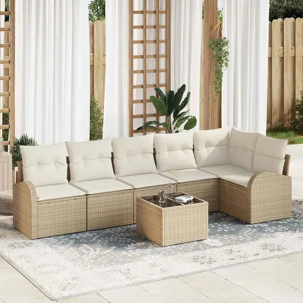 Ensemble de canapé de jardin 7 pcs Beige et blanc polyrotin