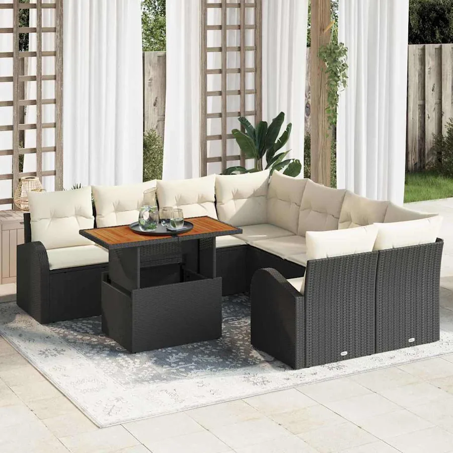Ensemble de canapé de jardin avec coussin 9 pcs Noir et crème
