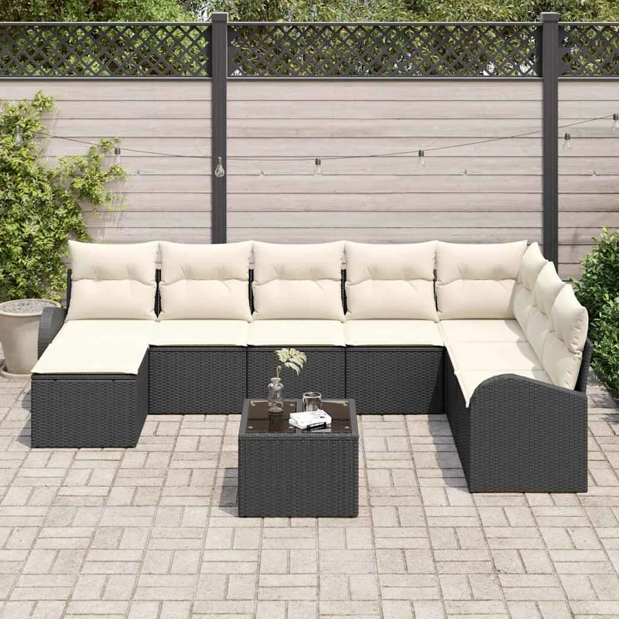 Ensemble de canapé de jardin avec coussin 9 pcs Noir Poly rotin - 3