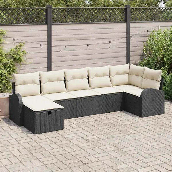 Ensemble de Canapés avec coussin 7 pcs Noir et Crème polyrotin
