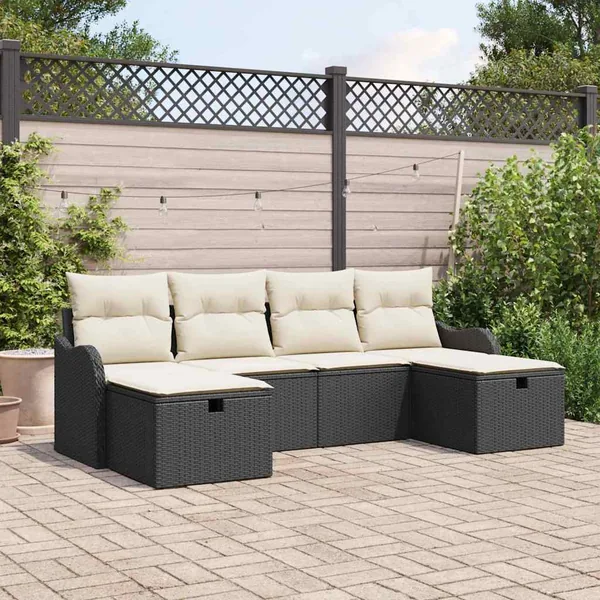 Ensemble de Canapés avec coussin 6 pcs Noir et Crème polyrotin