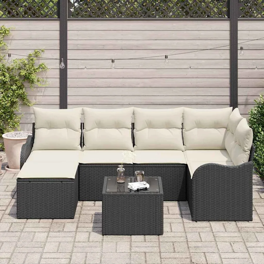Ensemble de canapé de jardin 7 pcs Noir et blanc Poly rotin - 3