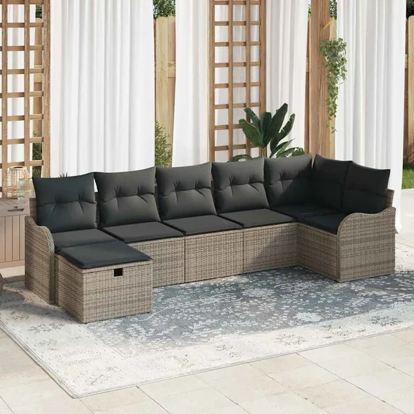 Ensemble de canapé de jardin avec coussin 7 pcs Gris Poly rotin