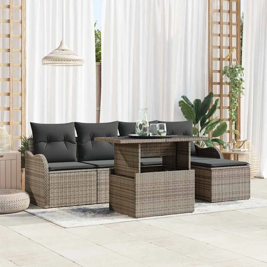 Ensemble de canapé de jardin avec coussin 6 pcs Gris Polyrotin