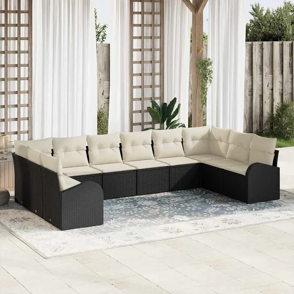 Ensemble de canapé de jardin 10 pcs Noir et Blanc polyrotin