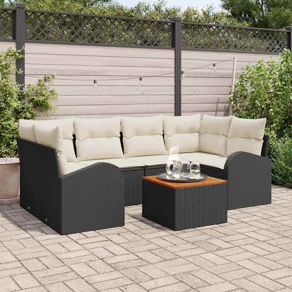 Ensemble de canapé de jardin 7 pcs Noir et Crème polyrotin