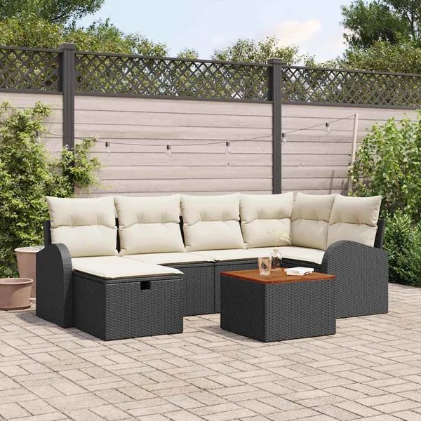 Ensemble de canapé de jardin avec coussin 7 pcs Noir Poly rotin