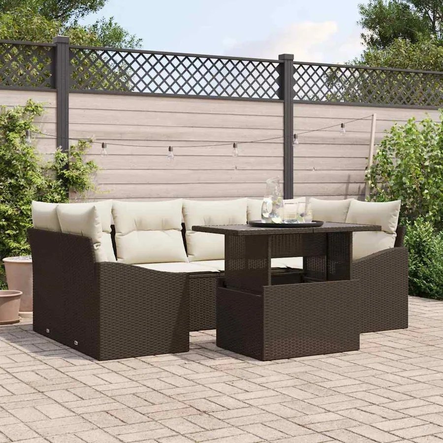 Ensemble de canapé de jardin 7 pcs Marron et Crème polyrotin
