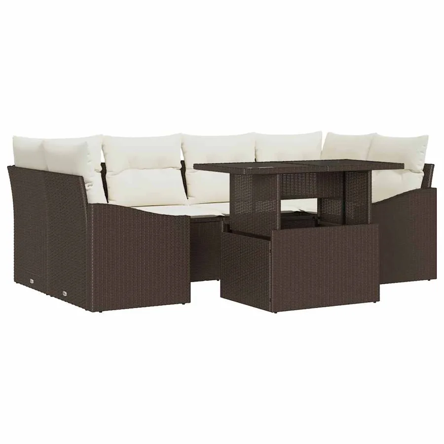 Ensemble de canapé de jardin 7 pcs Marron et Crème polyrotin - 2