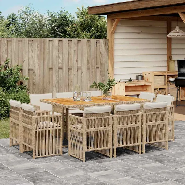 Ensemble à manger de jardin et coussins 11 pcs beige poly rotin