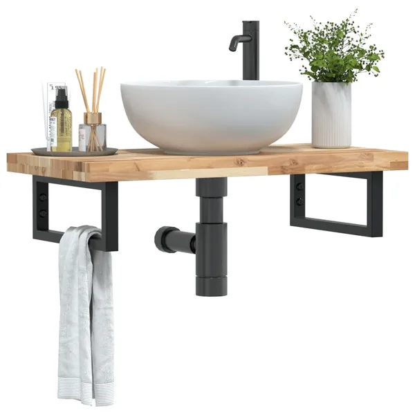 Étagère de vasque murale acier et bois massif d'acacia