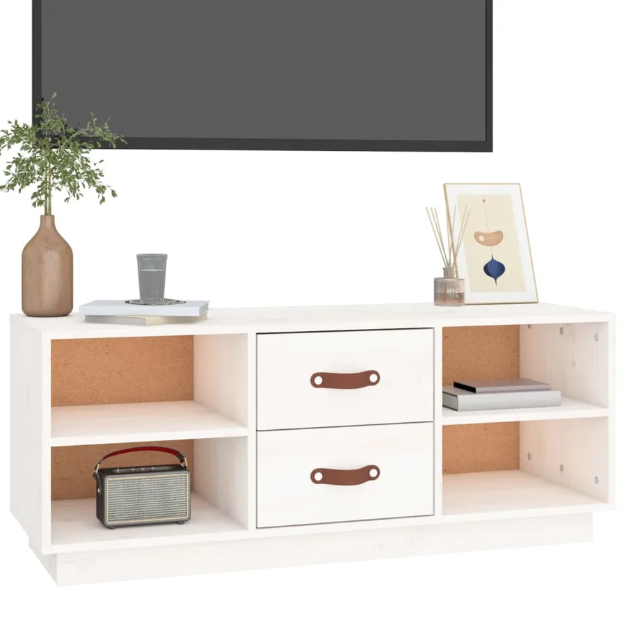 Meuble TV Blanc 100x34x40 cm Bois de pin massif - 4