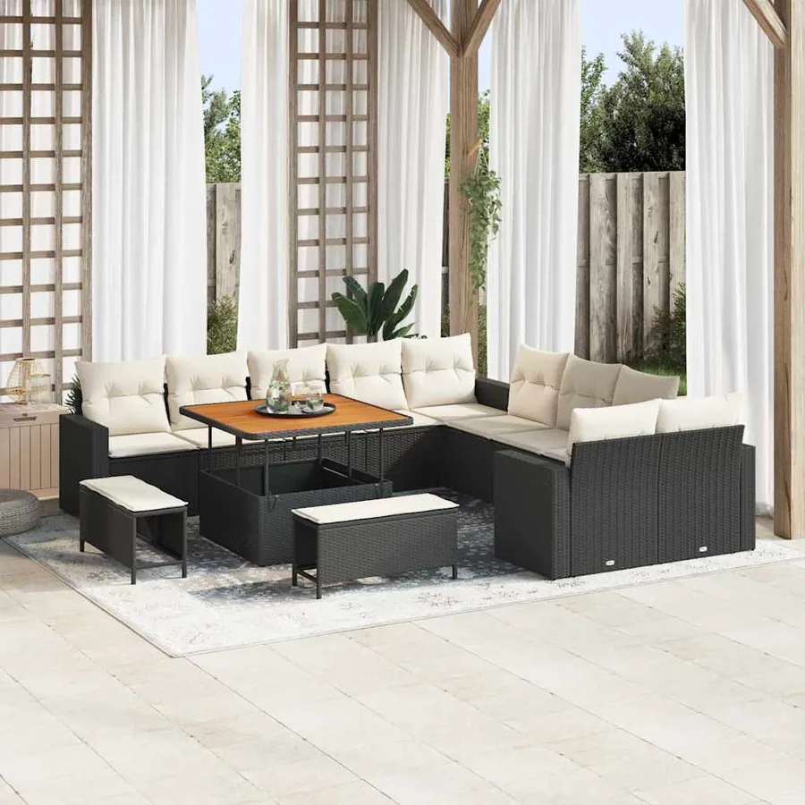 Ensemble de canapé de jardin 17 pcs Noir et Crème polyrotin