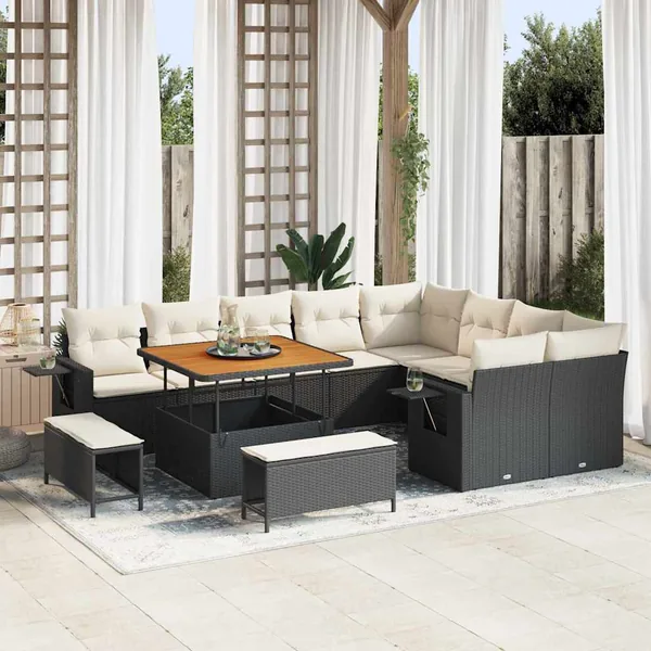 Ensemble de canapé de jardin 13 pcs Noir et Crème polyrotin