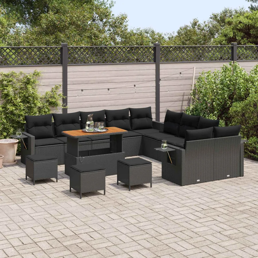 Ensemble de canapé de jardin avec coussin 14 pcs Noir polyrotin - 3