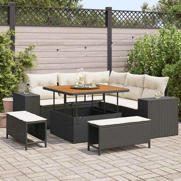 Ensemble de canapé de jardin 8 pcs Noir et Crème polyrotin