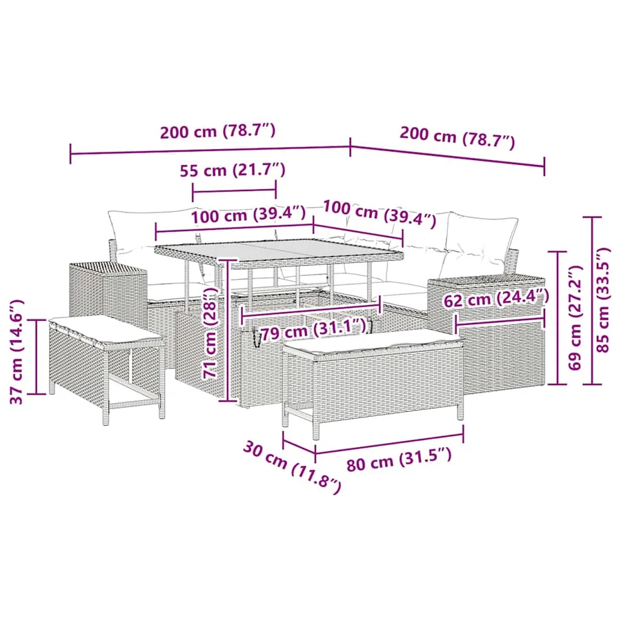 Ensemble de canapé de jardin 8 pcs Noir et Crème polyrotin - 18