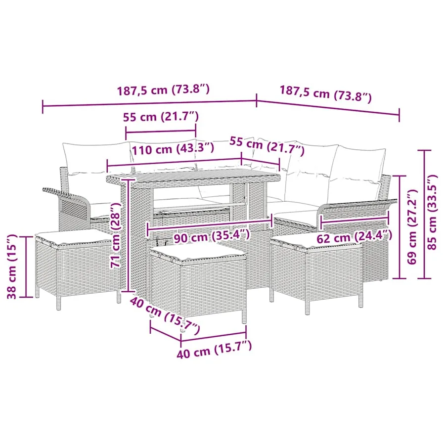 Ensemble de canapé de jardin avec coussin 9 pcs Noir et Crème - 18