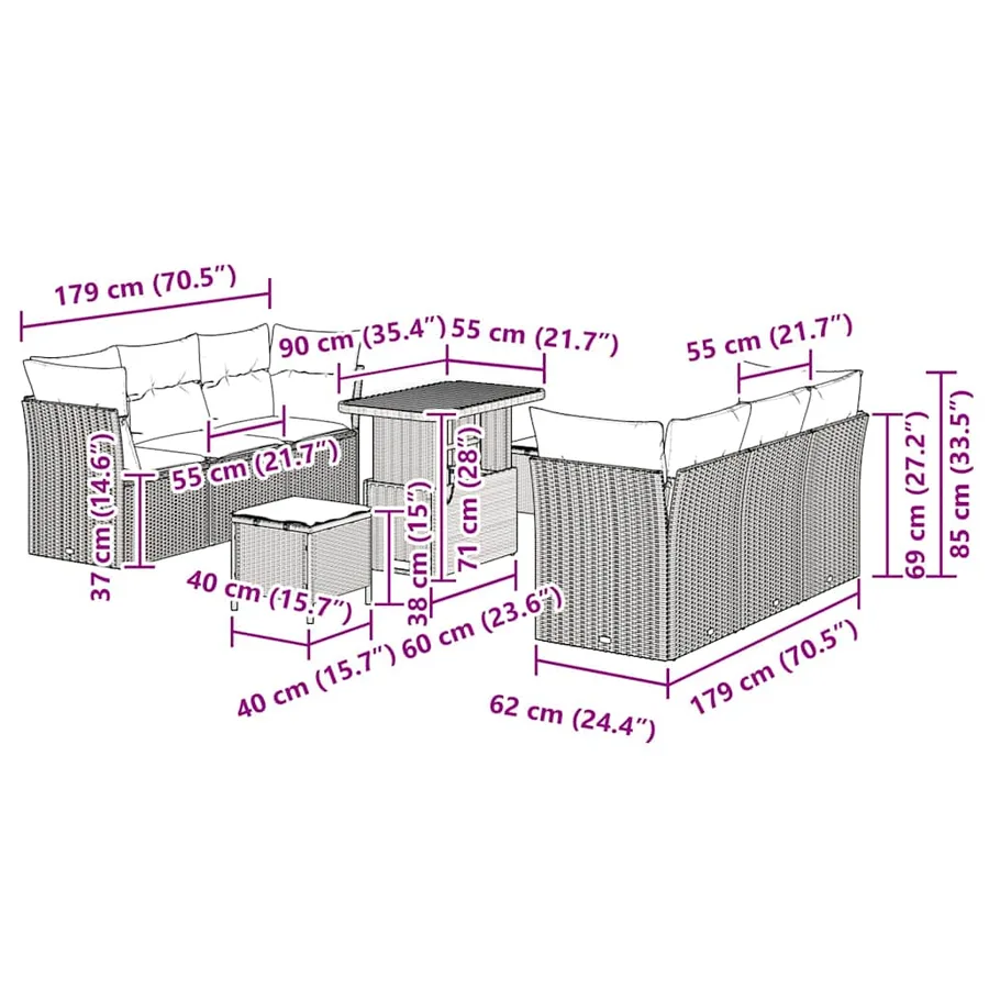 Ensemble de canapé de jardin 9 pcs Beige et Gris clair - 12