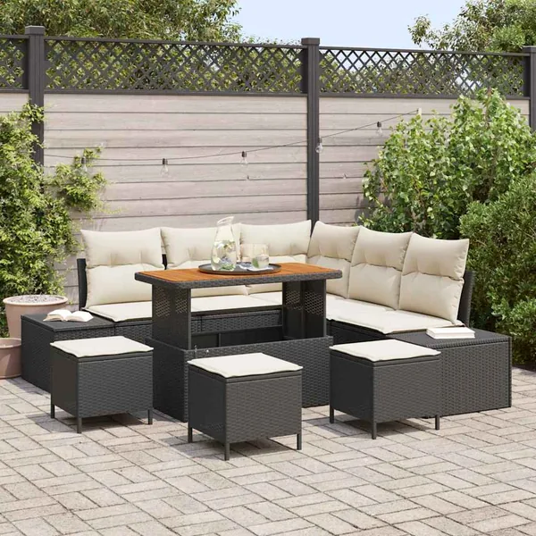 Ensemble de canapé de jardin avec coussin 9 pcs Noir Poly rotin