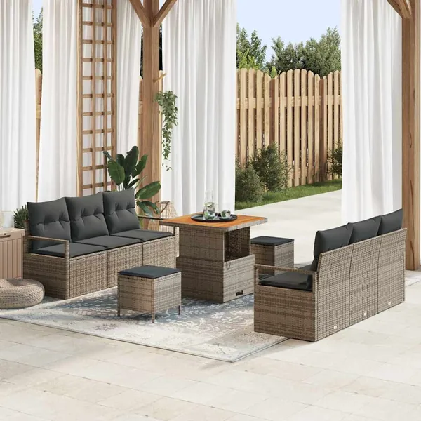 Ensemble de canapé de jardin avec coussin 9 pcs Gris polyrotin