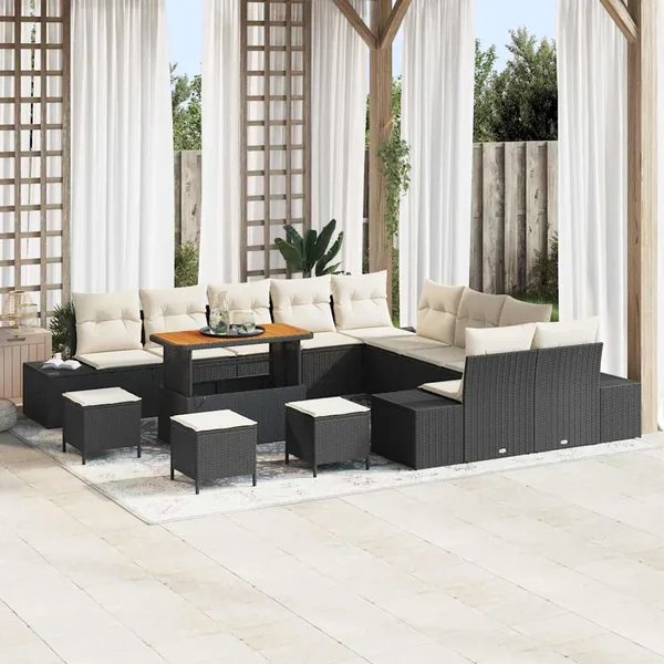 Ensemble de canapé de jardin avec coussin 14 pcs Noir polyrotin