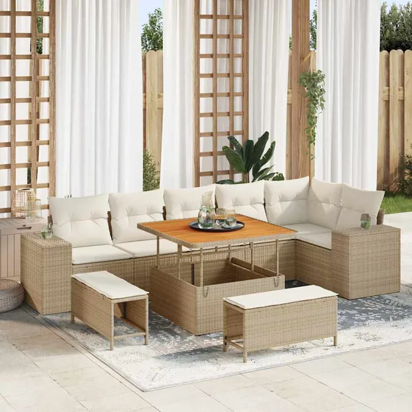 Ensemble de canapé de jardin 9 pcs Beige et crème polyrotin