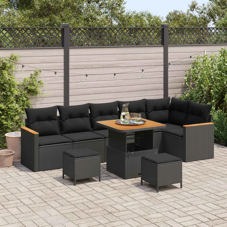 Ensemble de canapé de jardin avec coussin 9 pcs Noir Poly rotin