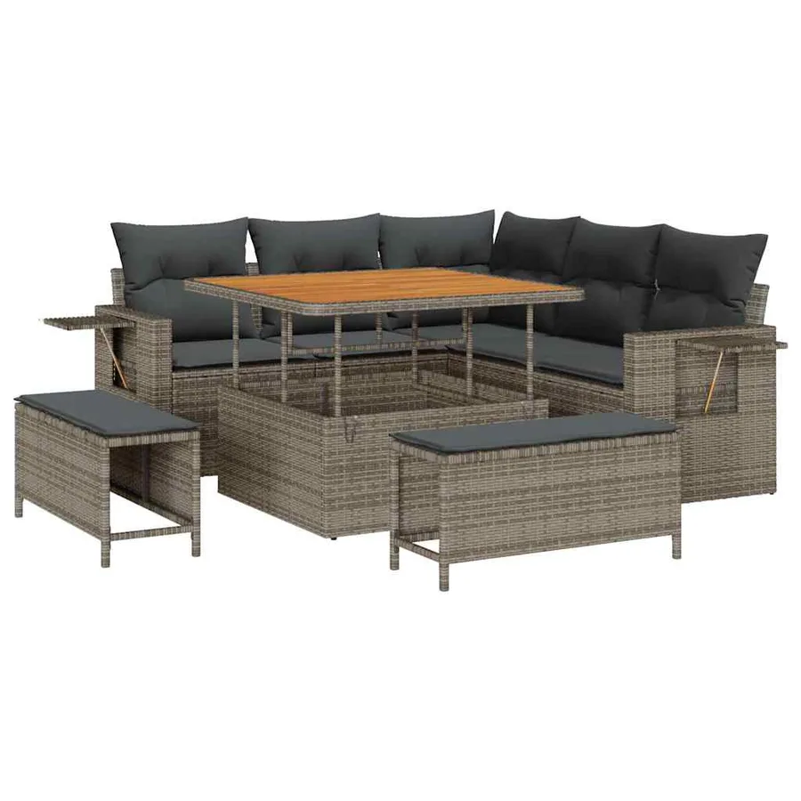 Ensemble de canapé de jardin avec coussin 9 pcs Gris polyrotin - 2