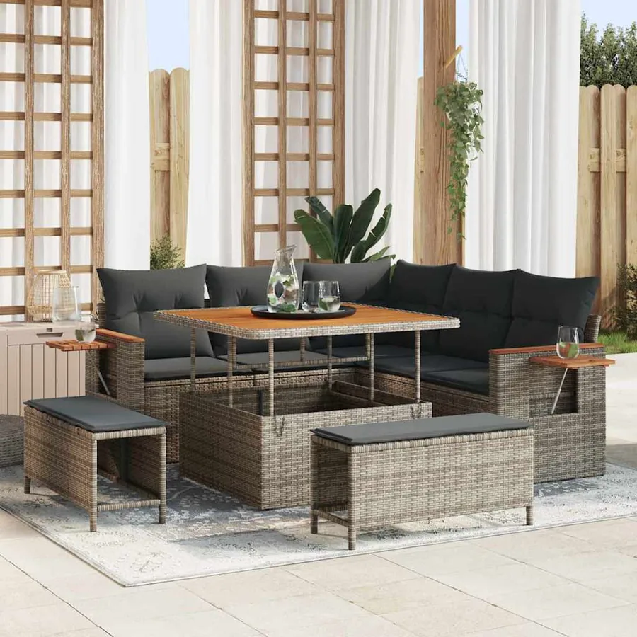 Ensemble de canapé de jardin avec coussin 9 pcs Gris polyrotin