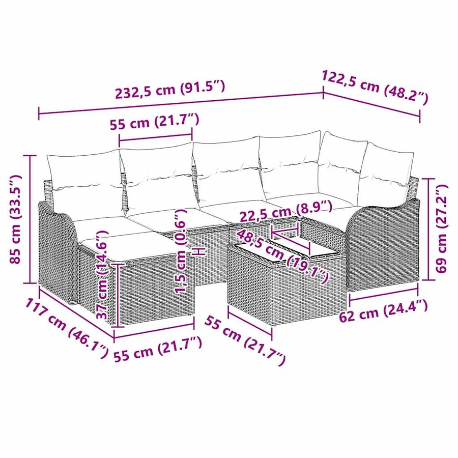 Ensemble de canapé de jardin 7 pcs Marron Poly rotin - 8