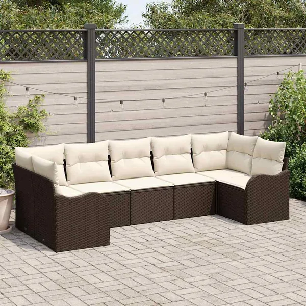 Ensemble de canapé de jardin 7 pcs Marron et blanc Poly rotin