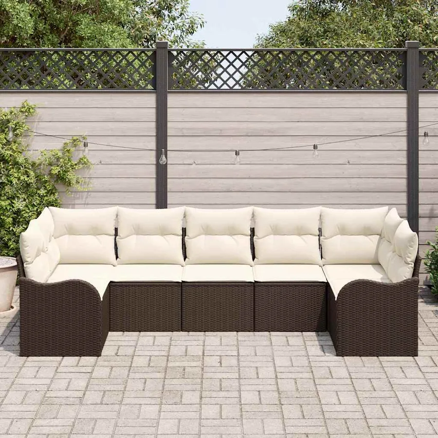 Ensemble de canapé de jardin 7 pcs Marron et blanc Poly rotin - 3