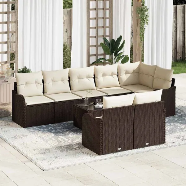 Ensemble de canapé de jardin 9 pcs Marron et blanc Poly rotin