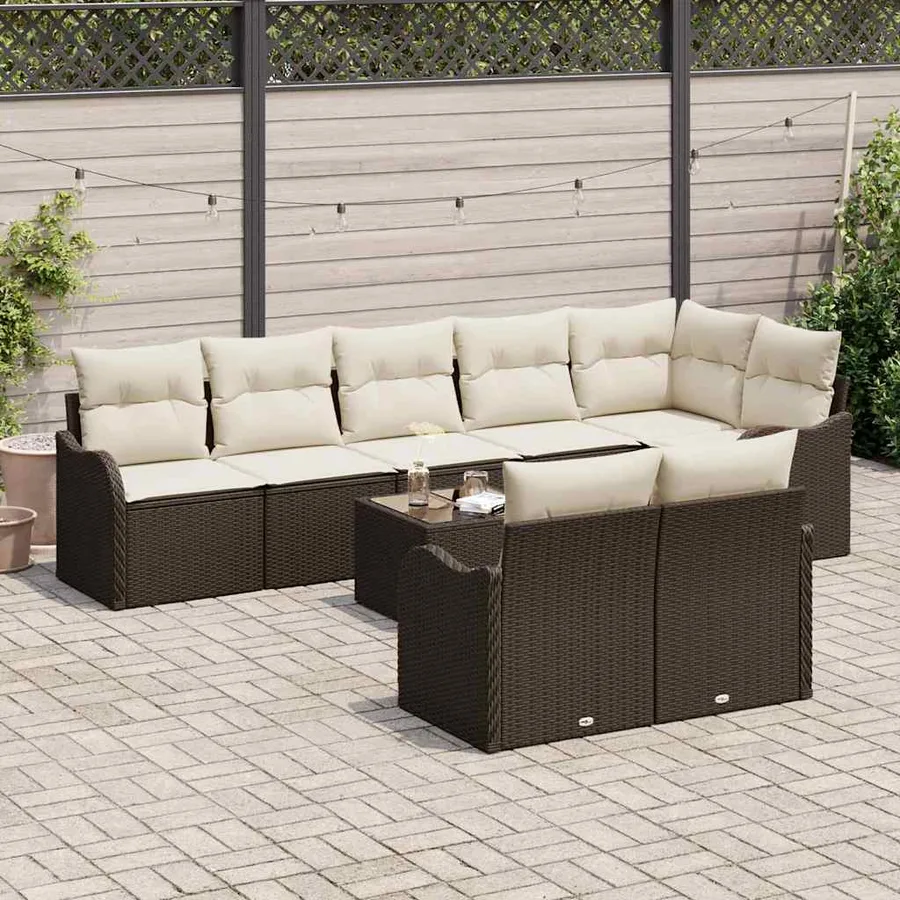 Ensemble de canapé de jardin 9 pcs Marron et blanc Poly rotin - 3