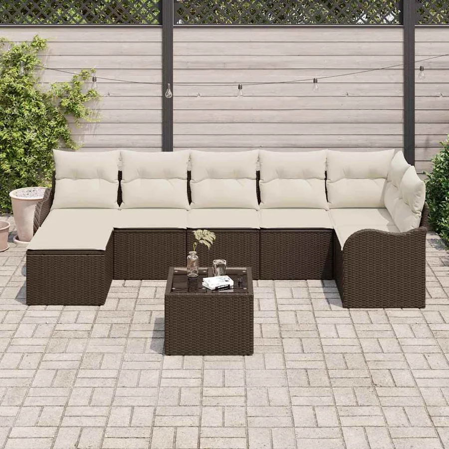 Ensemble de canapé de jardin 8 pcs Marron et blanc Poly rotin - 3