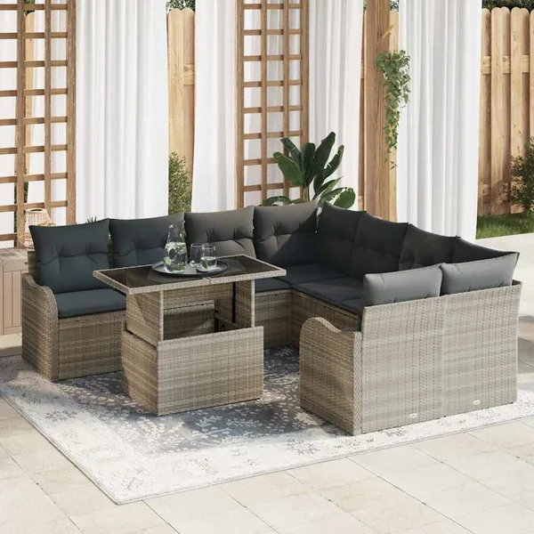 Ensemble de canapé de jardin 9 pcs Gris clair Polyrotin