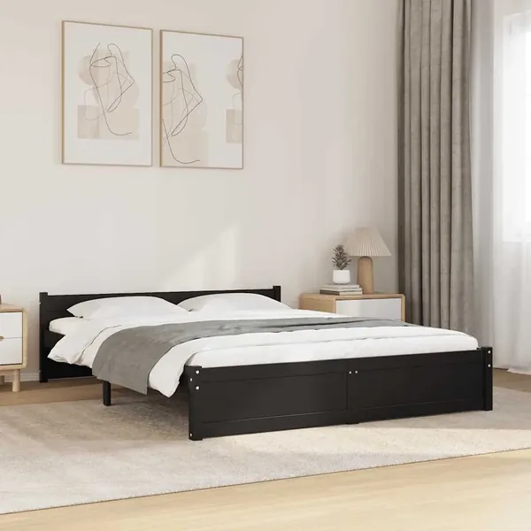 Cadre de lit sans matelas noir bois massif 135x190 cm