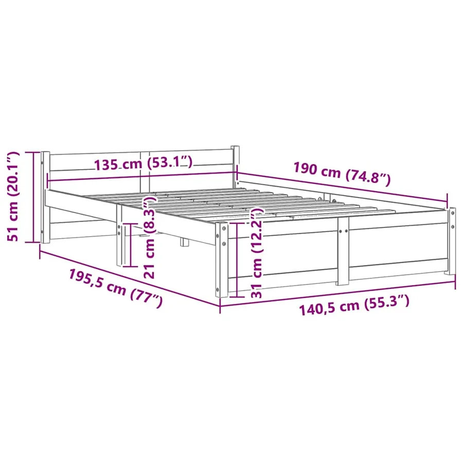 Cadre de lit sans matelas gris bois massif 135x190 cm - 9