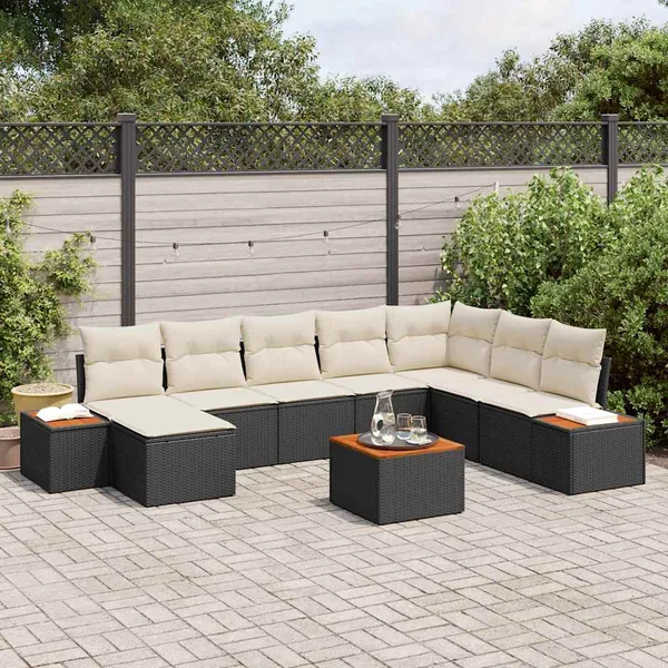 Ensemble de canapé de jardin 9 pcs Noir et Crème Polyrotin